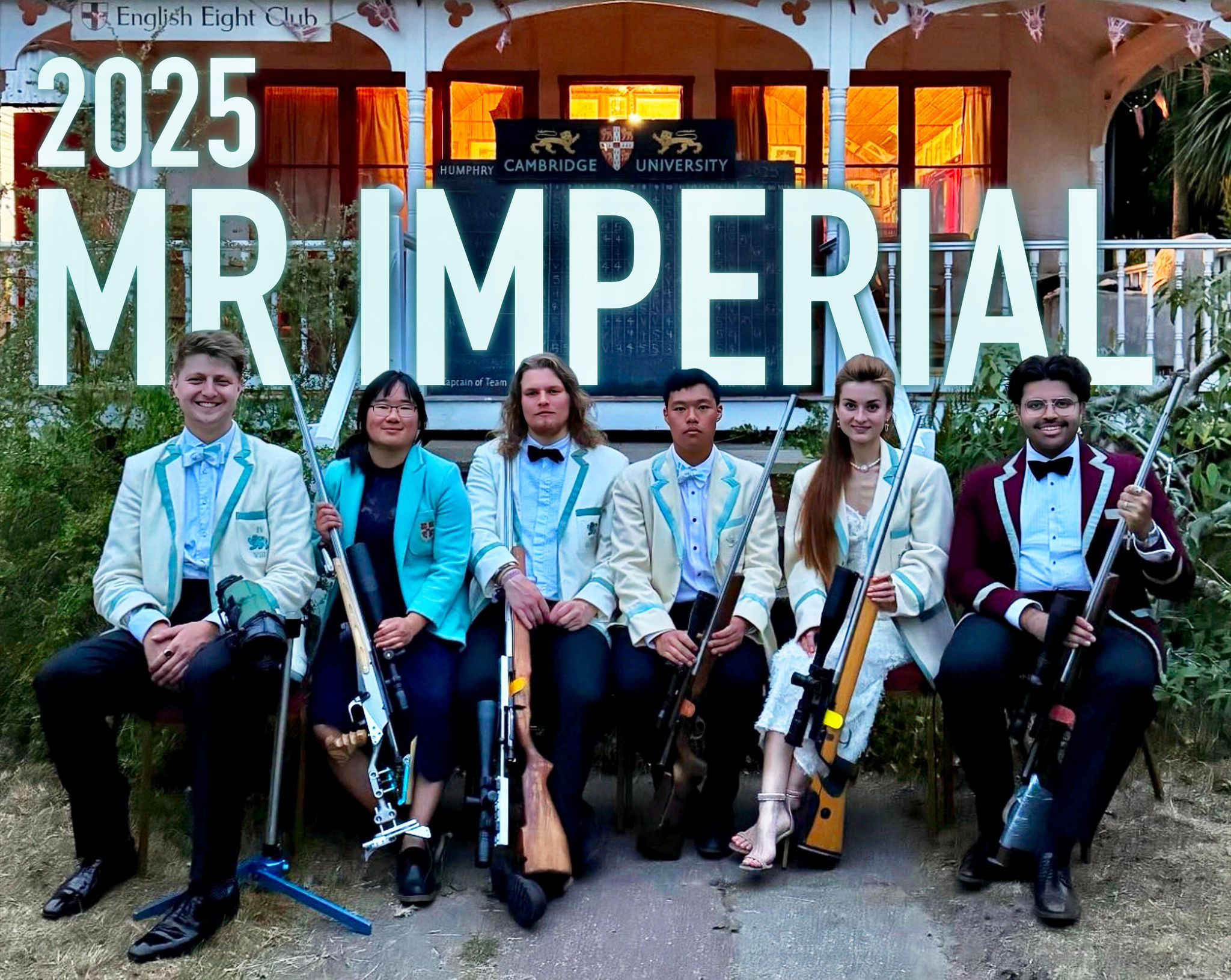 Six members in club blazers seated with their match rifles outside the English Eight Club