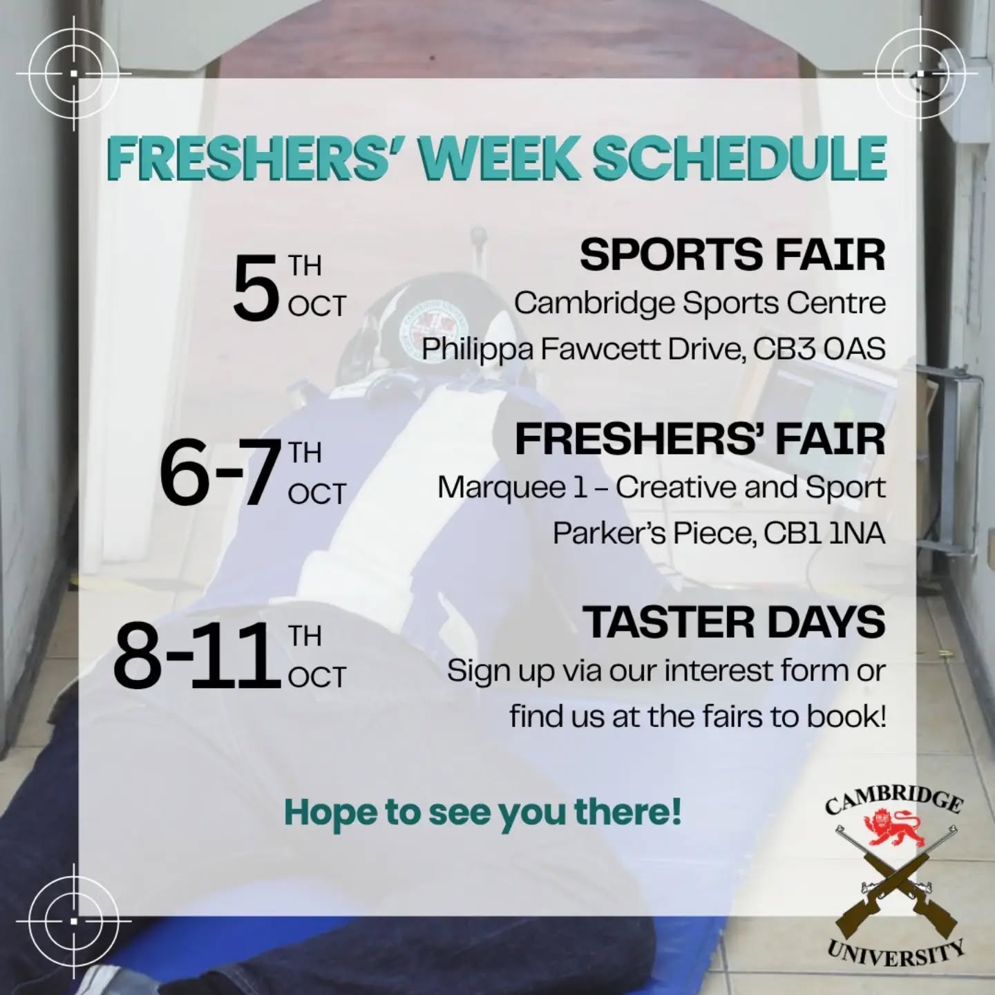 Interested in rifle shooting at Cambridge? Come and say hi at the Sports Fair or Freshers' Fair, or sign up via the link in bio for taster day and me…